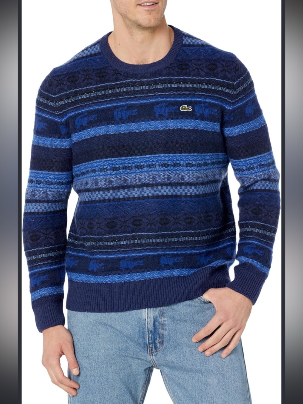 Lacoste Men's Navy & Royal Blue Patterned Crewneck Sweater